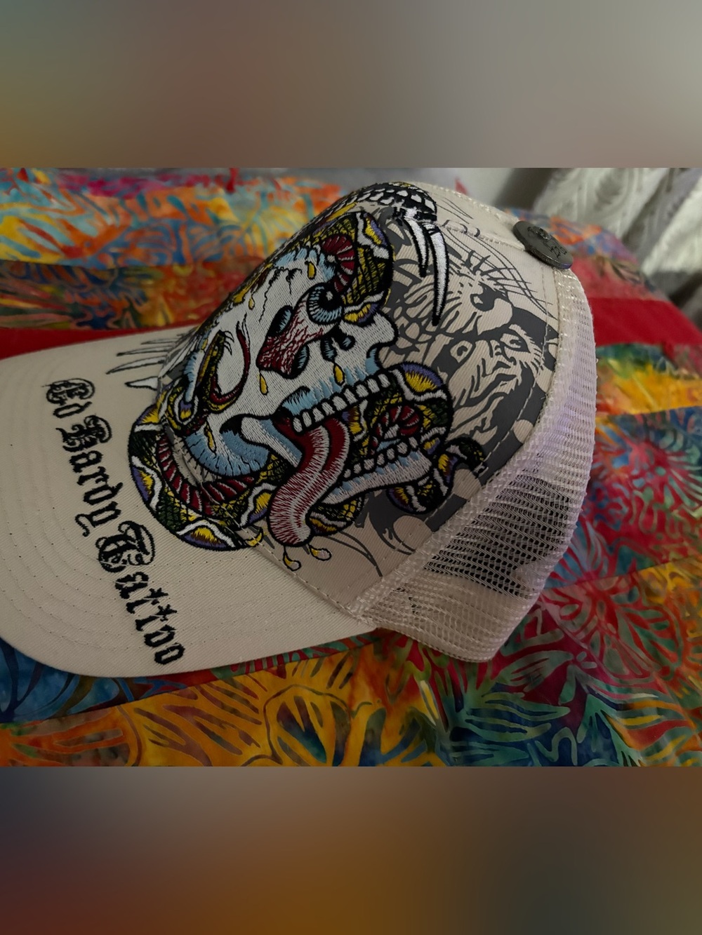 White Trucker Cap with Colorful Skull Tattoo Graphic. New without tags.